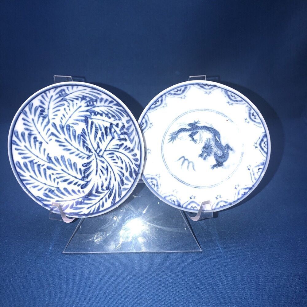 Pier Imports  Porcelain Ceramic PLATE with Blue White DRAGON, Blue Leafs 2 Pc 4”